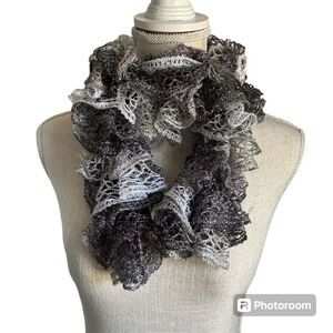 Crochet Ruffle Scarf White Gray and Silver Shimmery